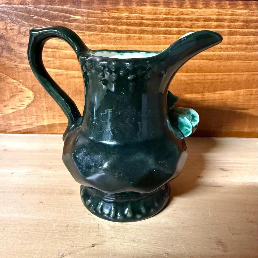 Majolica Creamer Pitcher | Green Cabbage Leaf Style | Pottery | Vintage